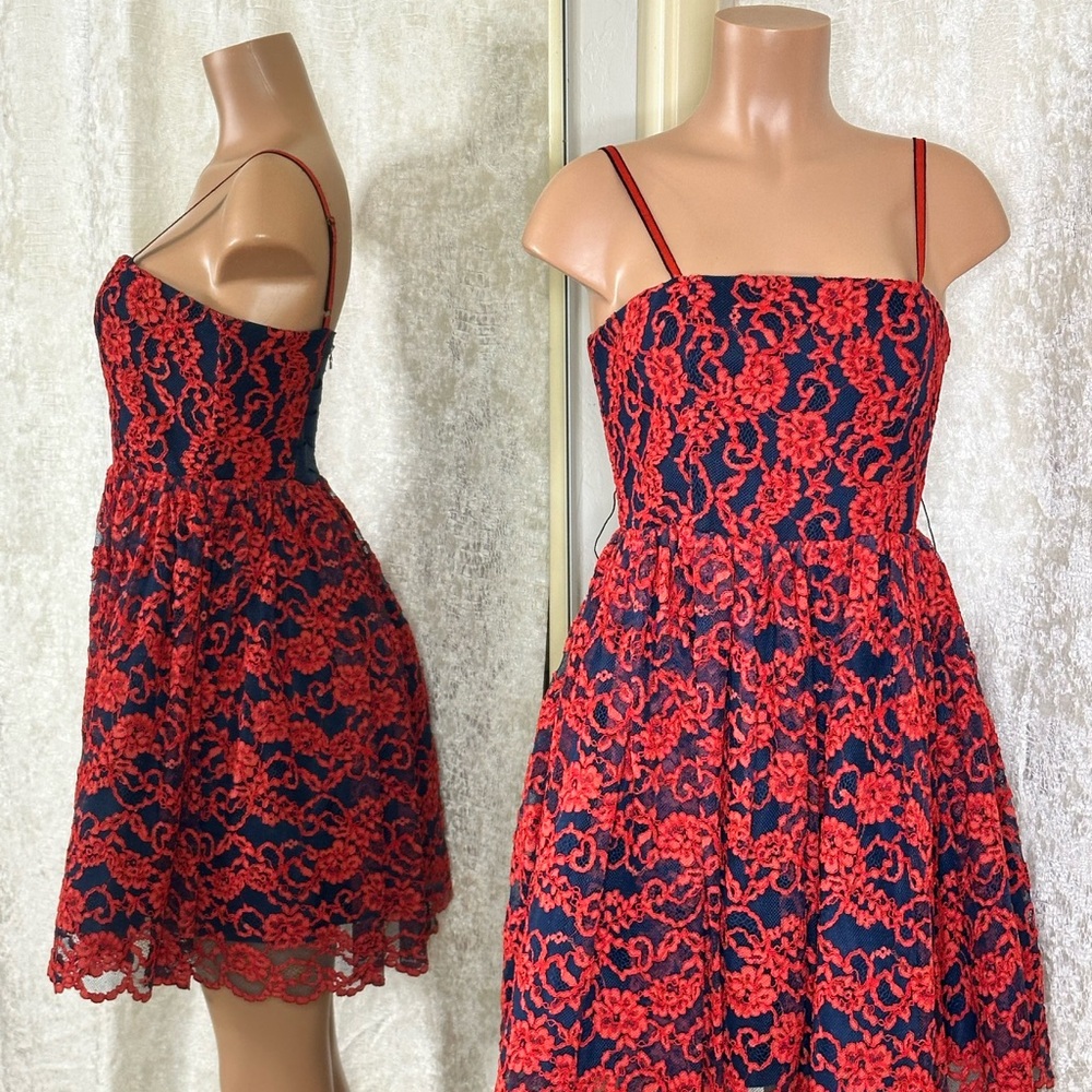 Alice + Olivia Navy Blue and Red Spaghetti Strap Mini Party Dress